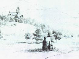 "Herzogstuhl" iz serije "Burgen und Schlösser", risba s svinčnikom, Markus Pernhart, okrog leta 1860 